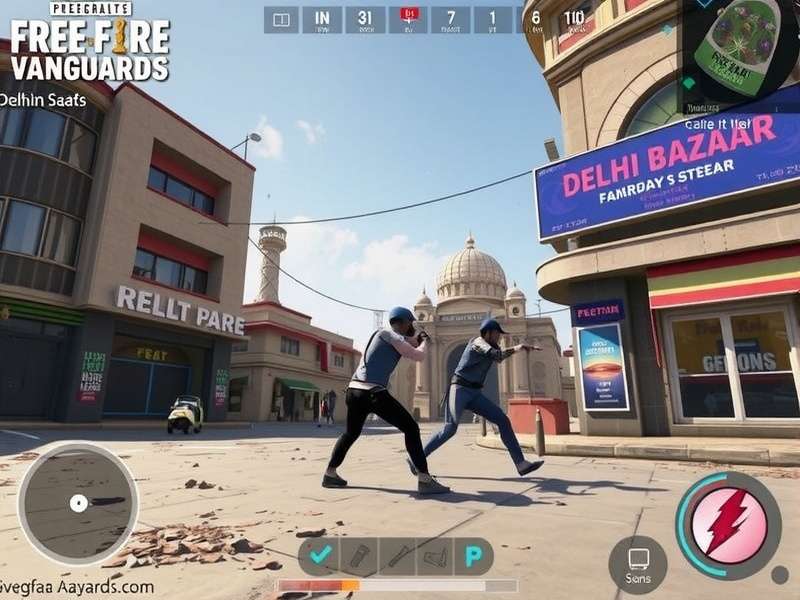 Free Fire Avengers - Intense Battle in Delhi Bazaar Free Fire Avengers gameplay showing team battle in Delhi Bazaar location